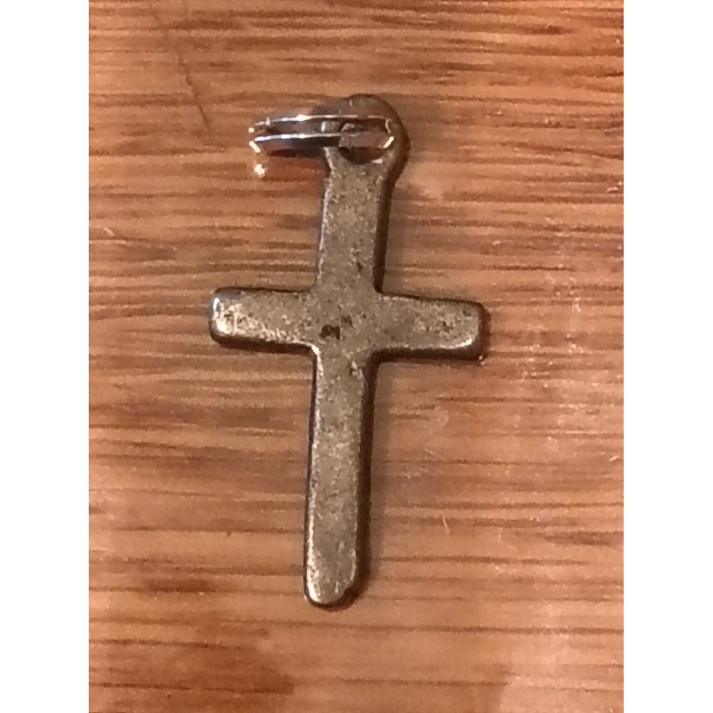 Vintage Southwestern Stamped Cross Pendant Silver Tone Faux Turquoise Center